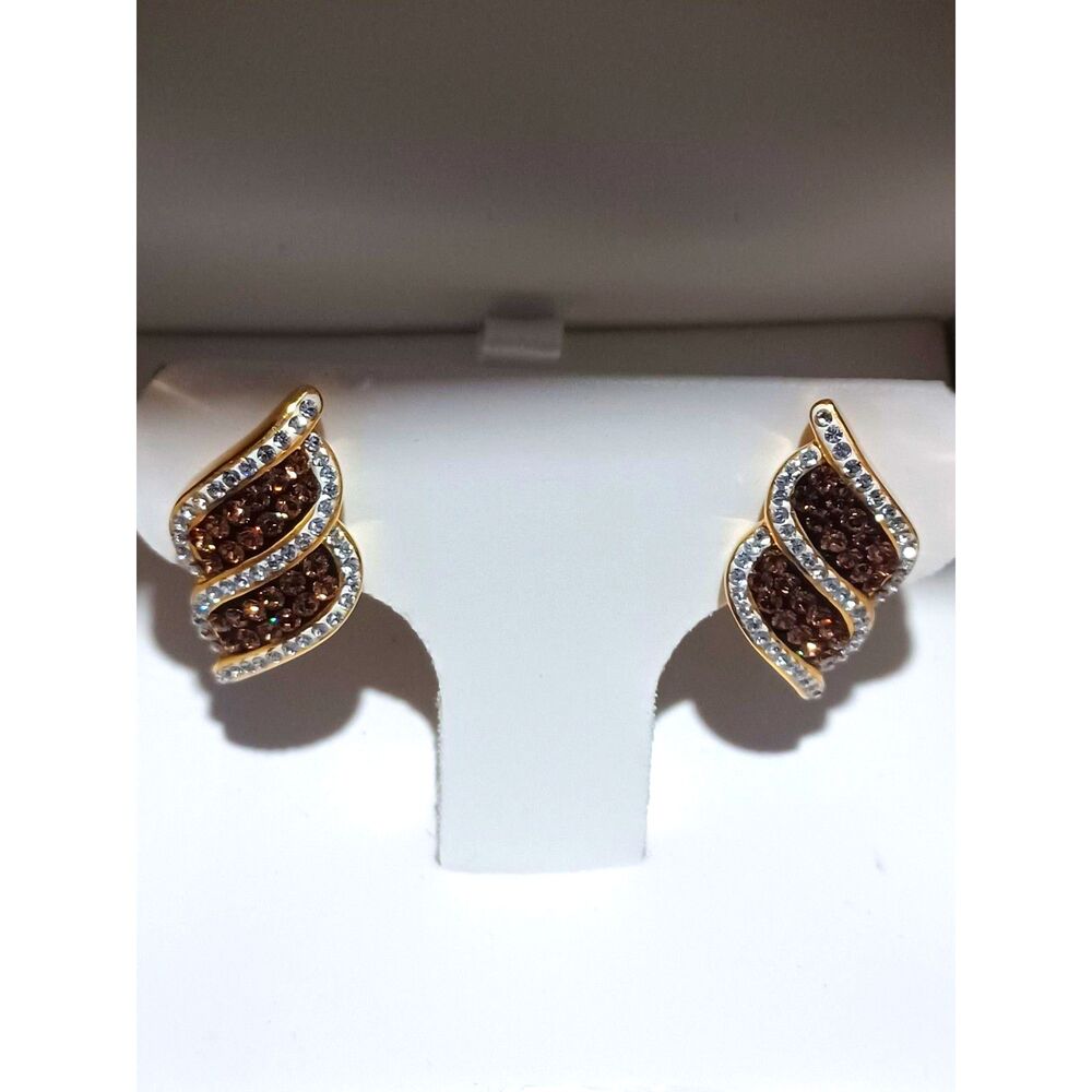 18K Gold Over Bronze Swarovski Crystal Kite Stripe Earrings - Picture 2 of 4